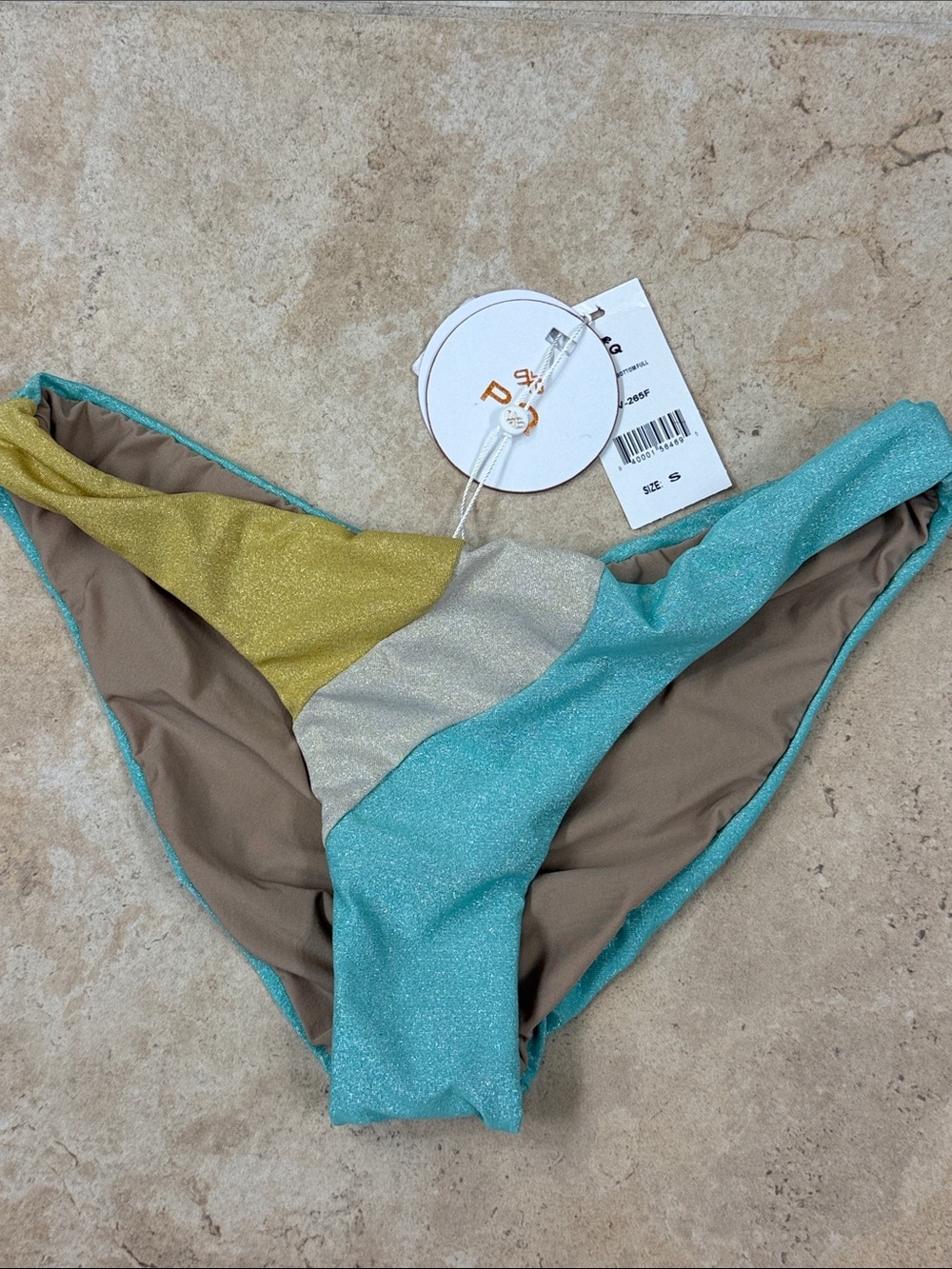 PQ Swim Metallic Teal, Gold & Silver Colorblock Bikini Bottom NWT